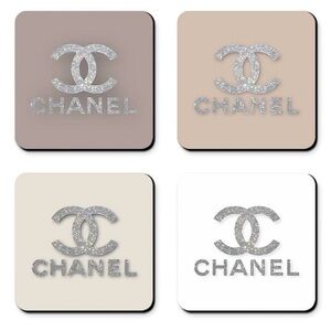 CHANEL Glitter Logo Coasters in Neutral Nude Tones - Set of 4 Glossy Coasters